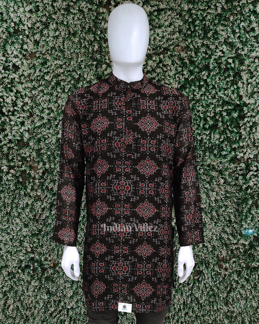Black Tribal Odisha Ikat Cotton Kurta for Men