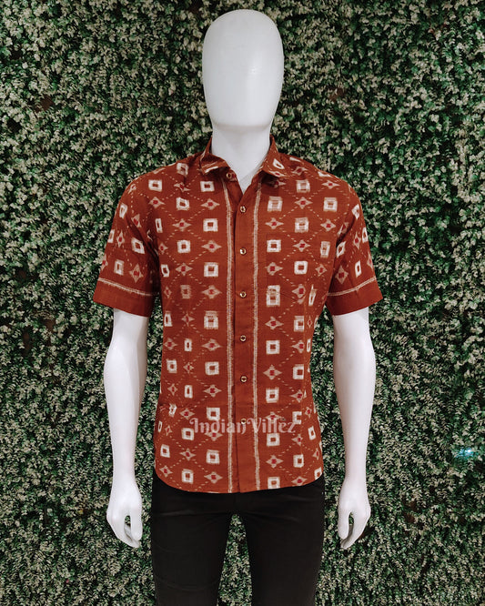 Brown Pasapali Odisha Ikat Cotton Half Sleeve Shirt for Men