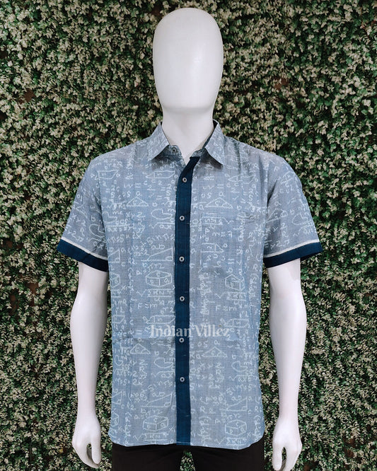 Light Blue Chemical Formula Odisha Ikat Cotton Half Sleeve Shirt for Men