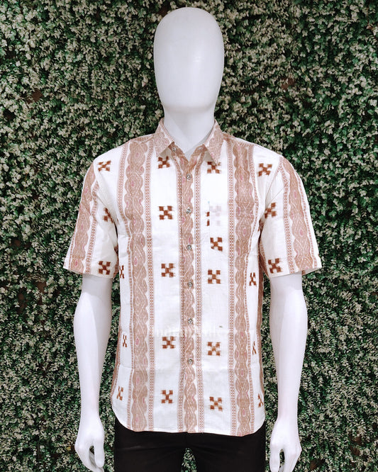 White Brown Pasapali Odisha Ikat Cotton Half Sleeve Shirt for Men