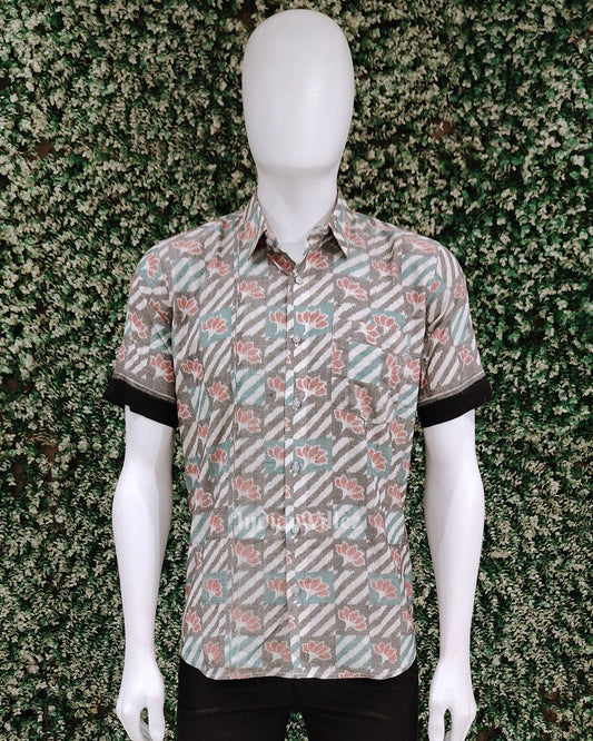 Grey Lotus Odisha Ikat Cotton Half Sleeve Shirt for Men