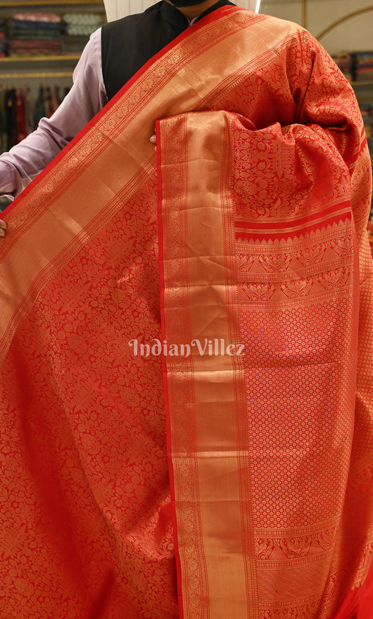 Exclusive Blood Red Floral Vine Motifs Brocade Pure Kanjivaram Silk Saree