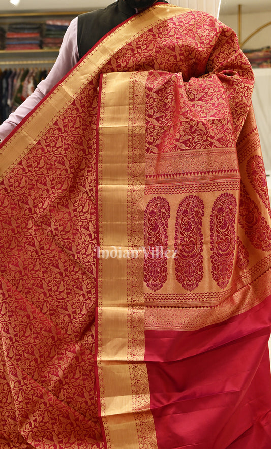 Wedding Special Red Floral Bird Brocade Pure Kanjivaram Silk Saree