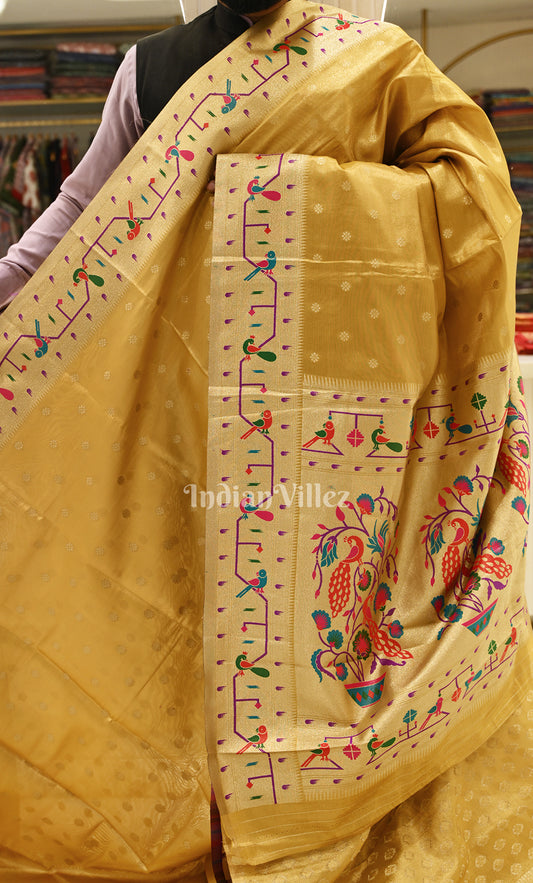 Golden Yellow Butti Design Pure Kanjivaram Tissue Silk Saree