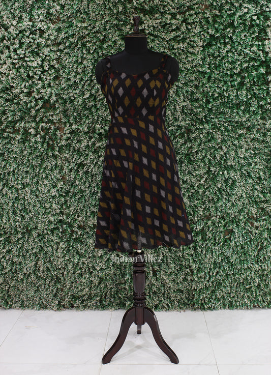 Black Sambalpuri Odisha Ikat Designer Cotton Noodle Strap Frock
