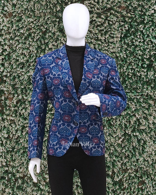 Blue Floral Motif Odisha Ikat Women's Designer Blazer