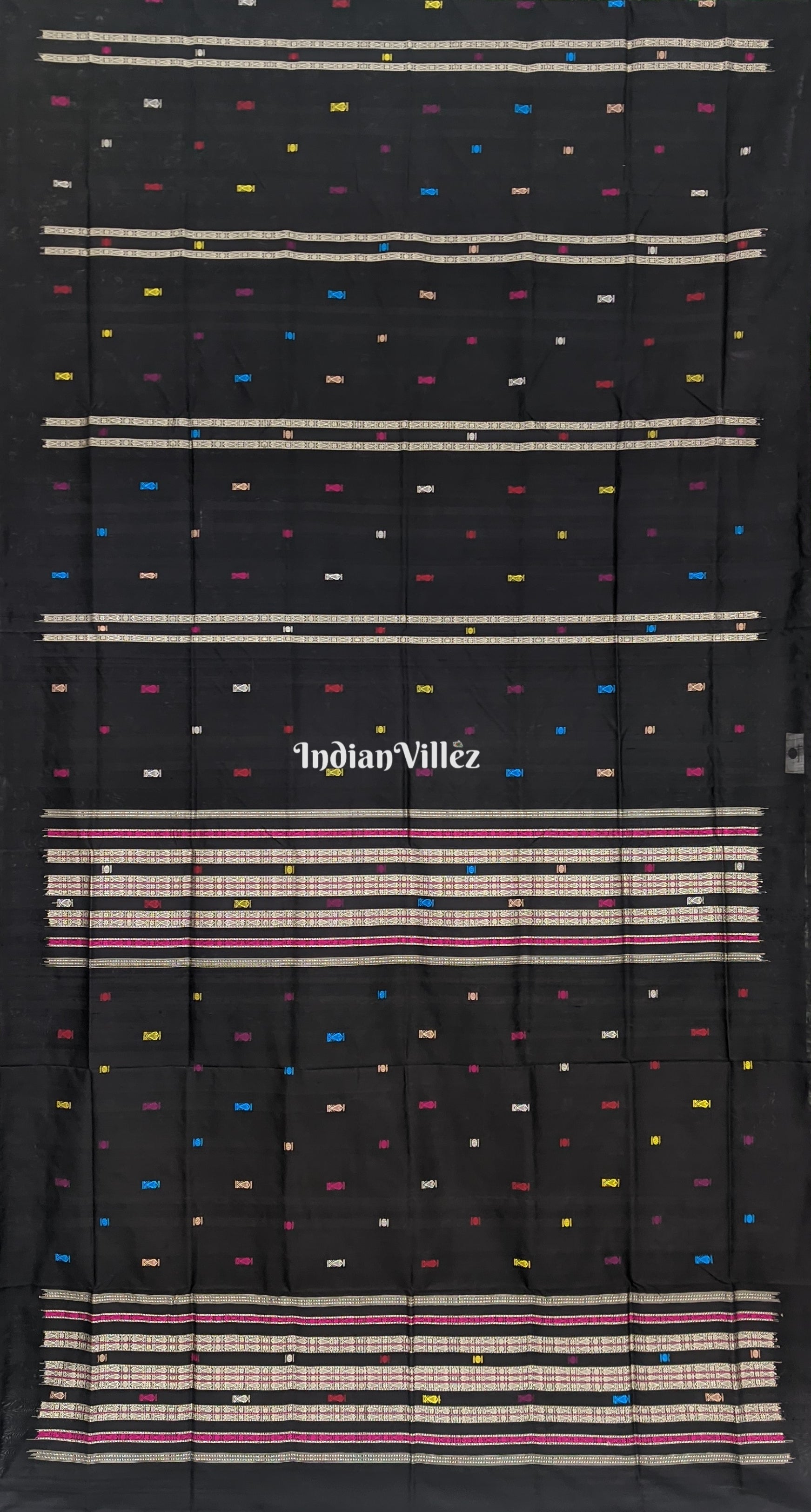 Black Fish Motif Odisha Ikat Bomkai Silk Saree