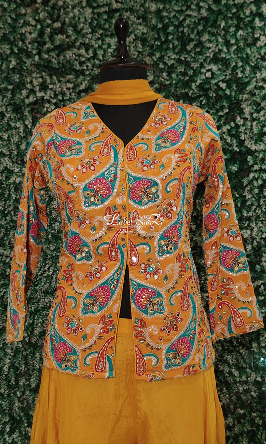Mustard Yellow Mirror Work Floral Jacket With Flared Palazzo Set