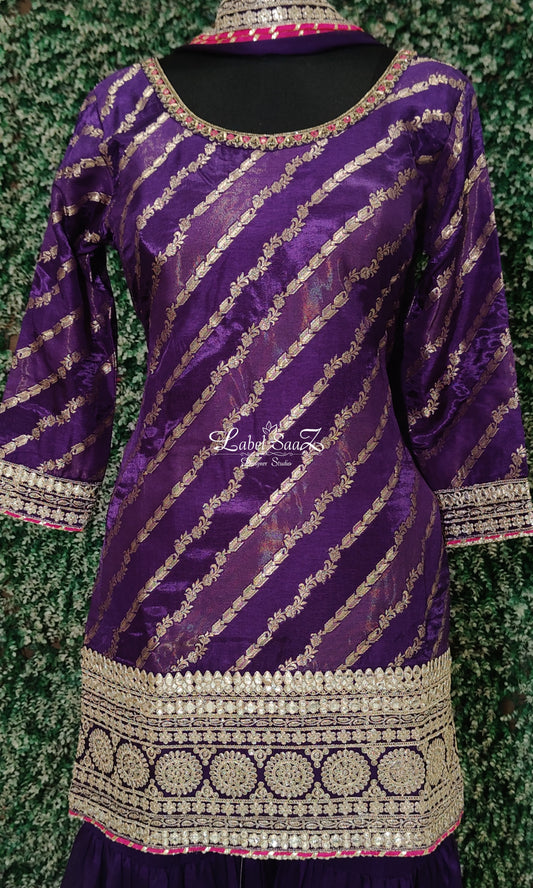 Purple Banarasi Silk Kurta Set with Sharara