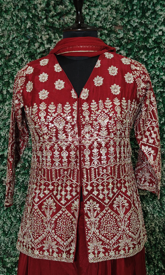 Red Embroidered Kurta with Palazzo Set and Dupatta