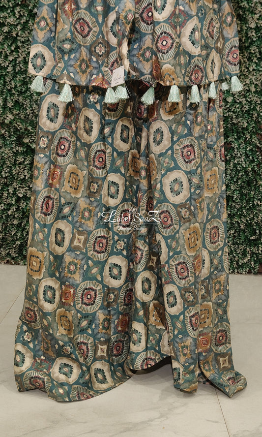 Blue with Multicolour Printed work with Palazzo Set