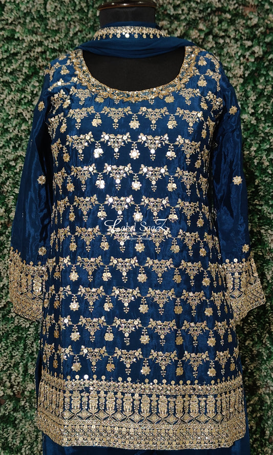 Ethnic Navy Blue Kurta Set with Sharara and Dupatta
