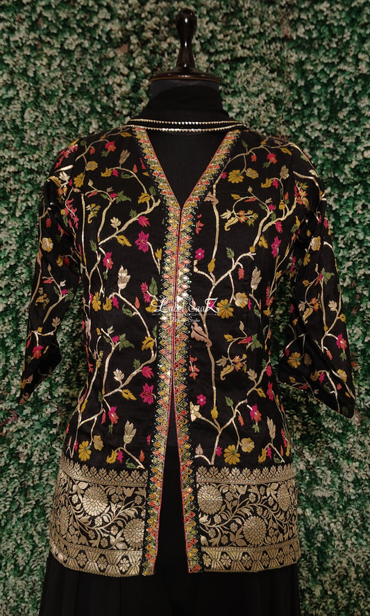 Designer Black Embroidered Raw silk Jacket with Banarasi work Sharara set