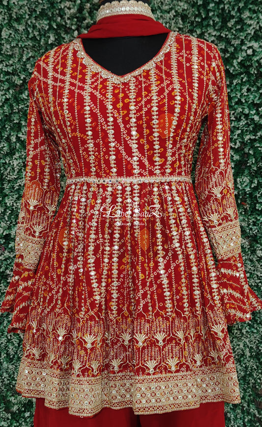 Red Bandhini Frill Kurta with Sharara Set