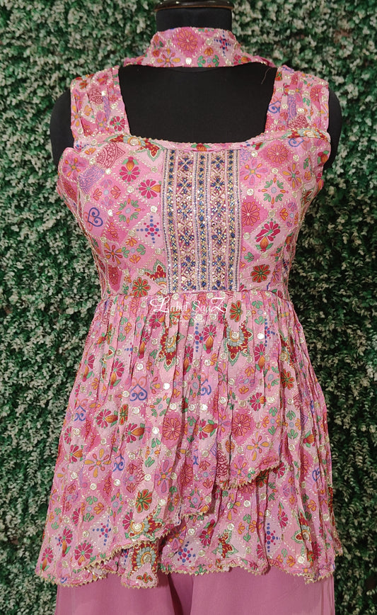 Pink Floral Embroidered Frill Top With Palazzos & Dupatta