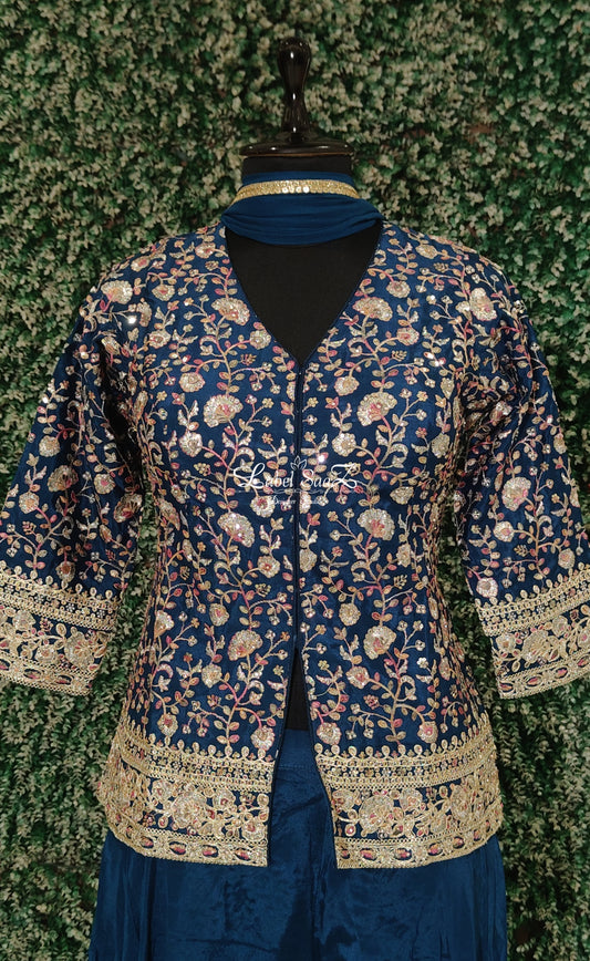 Indigo Blue Embroidered Sharara Set With Dupatta