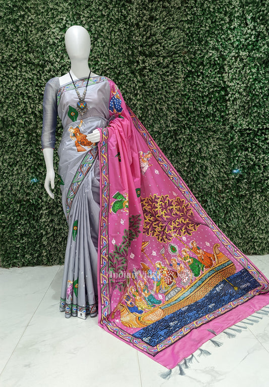 Pink Grey Boita Rasaleela Theme Hand-Painted Pattachitra Saree