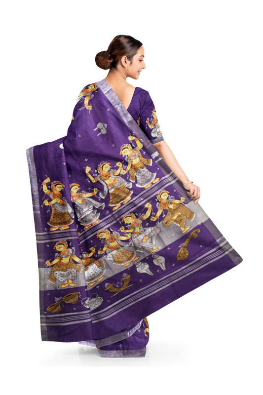 Blue Dandiya Raas Theme Hand-painted Pattachitra Saree