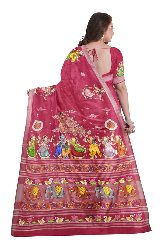 Pink Radha Krishna Raasa Theme Hand-Painted Pattachitra Saree(Pre-Order)