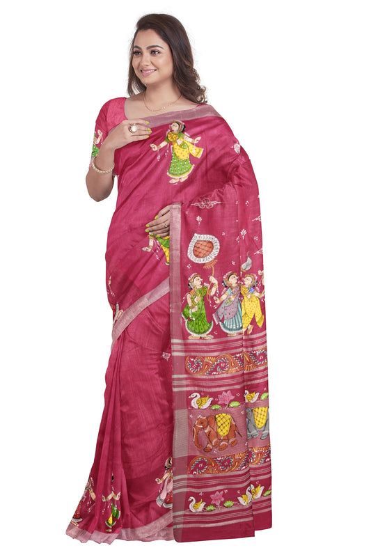Pink Radha Krishna Raasa Theme Hand-Painted Pattachitra Saree(Pre-Order)