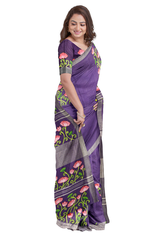 Blue Lotus Theme Hand-Painted Pattachitra Saree(Pre-Order)