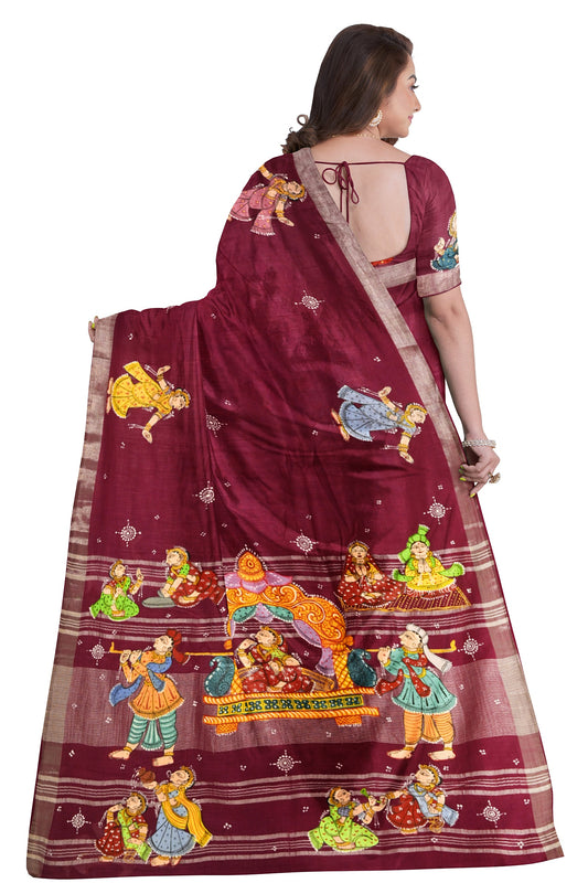 Maroon Doli Barat Theme Hand-Painted Pattachitra Saree