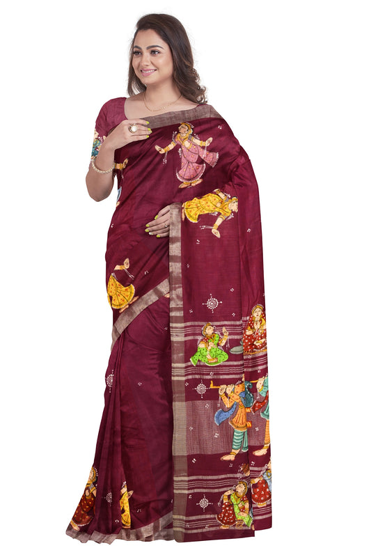 Maroon Doli Barat Theme Hand-Painted Pattachitra Saree