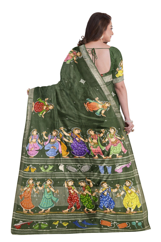 Green Nartaki Theme Hand-Painted Pattachitra Saree