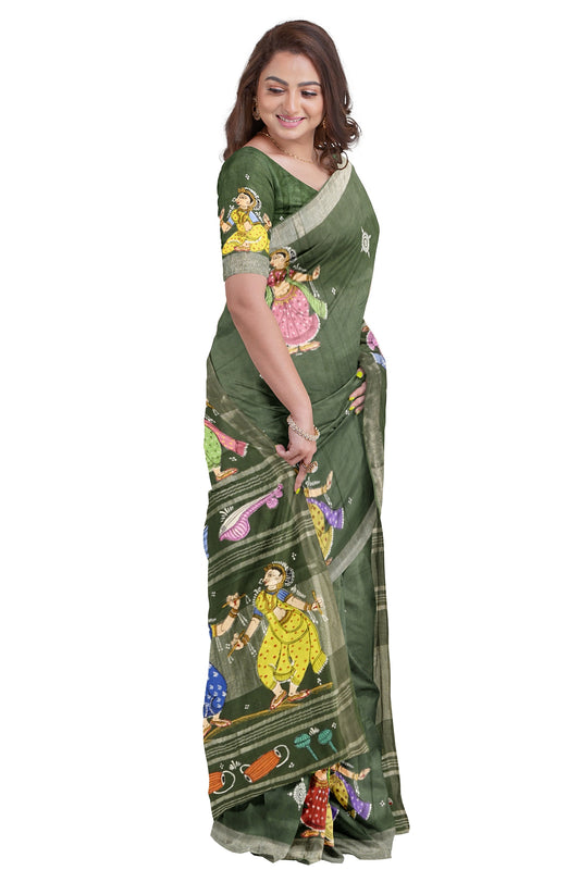 Green Nartaki Theme Hand-Painted Pattachitra Saree(Pre-Order)