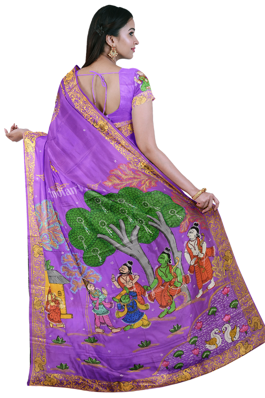 Purple Ramayana Theme Hand-Painted Pattachitra Saree