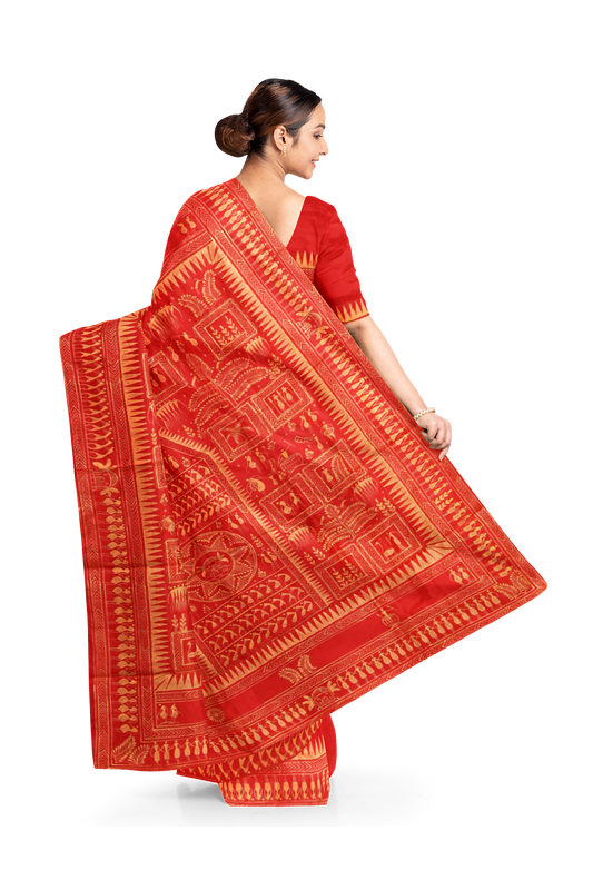 Red Saura Tribal Art Hand-Painted Pattachitra Silk Saree