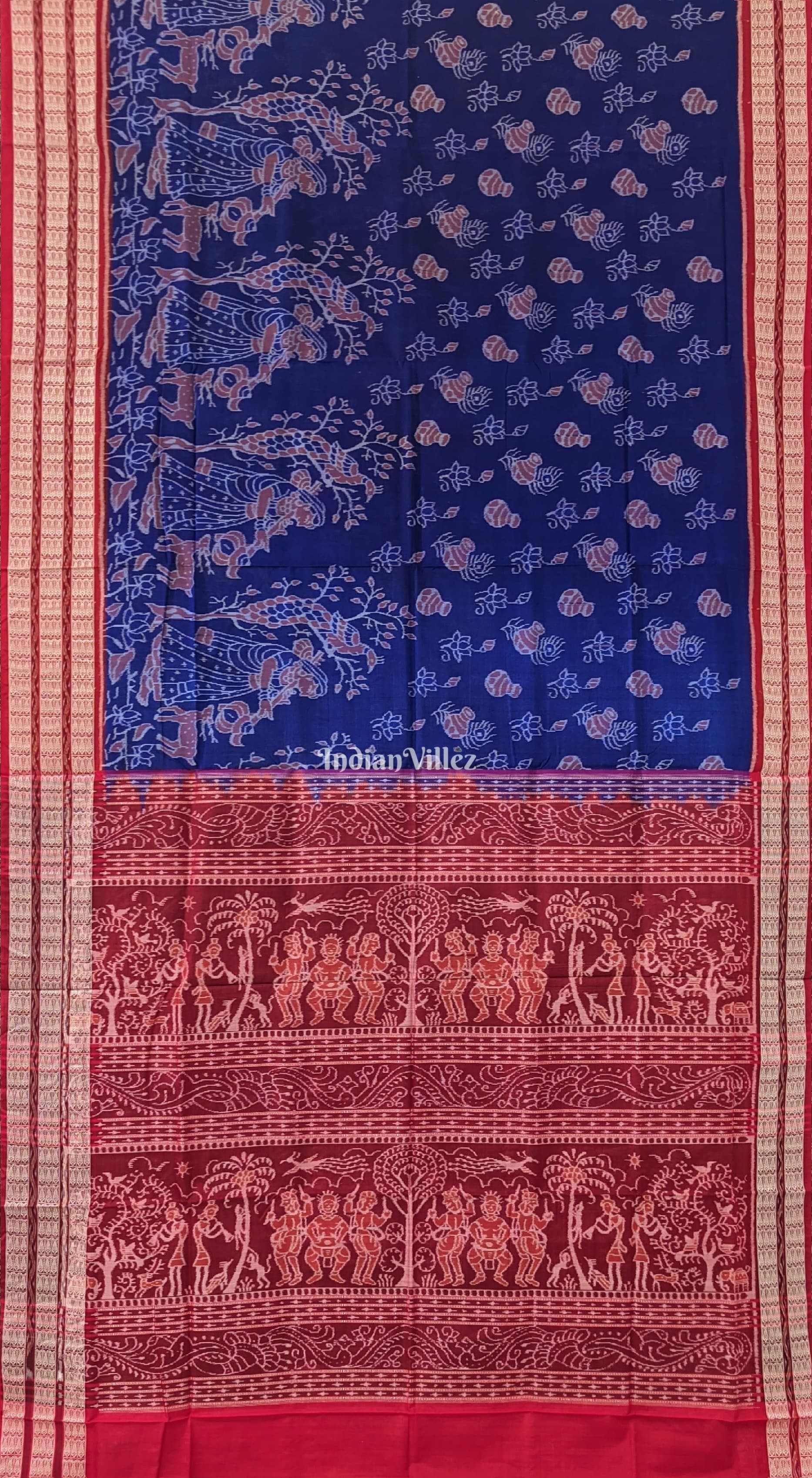 Blue Base Peacock & Doll Design Sambalpuri Cotton Saree