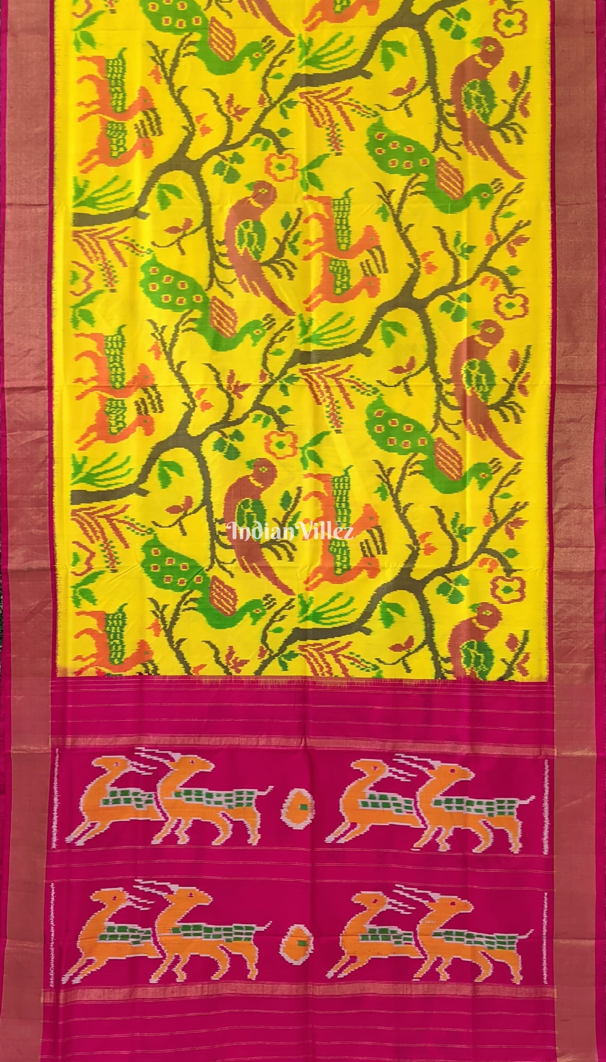 Yellow Red parrot Design Pochampally Ikat Silk Saree