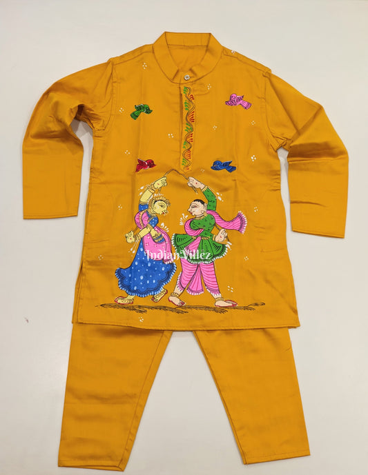 Yellow Boys Nartaki Theme Pattachitra Kids Kurta & Pyjama Set