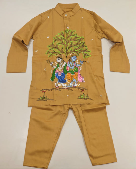 Saffron Yellow Boys Nartaki Theme Pattachitra Kids Kurta & Pyjama Set