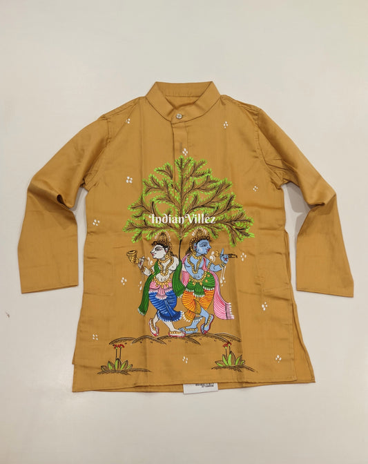 Saffron Yellow Boys Nartaki Theme Pattachitra Kids Kurta & Pyjama Set