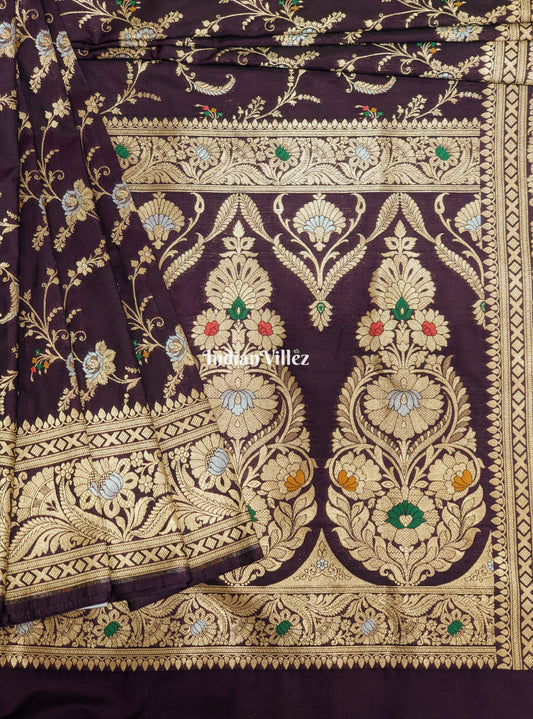Wine Floral Design Pure Banarasi Katan Saree