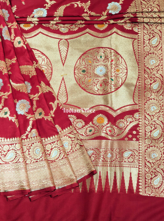 Red Floral Design Pure Banarasi Katan Saree