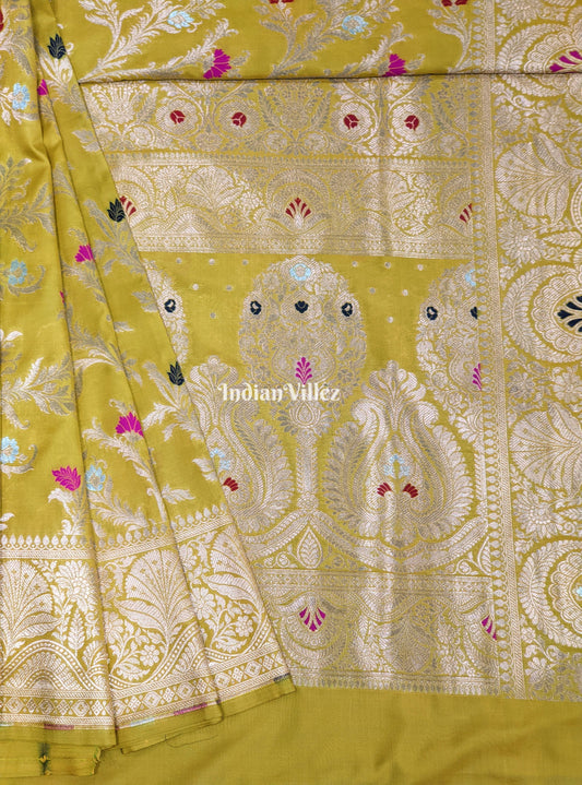 Mustard Color With Floral Design Banarasi Katan Saree