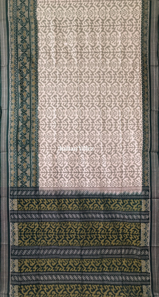White Green Pure Sambalpuri Ikat Cotton Saree