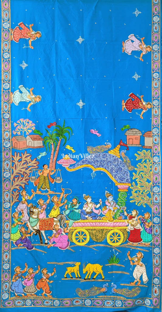 Copper Sulphate Mathura Vijay Theme Hand-Painted Pattachitra Saree