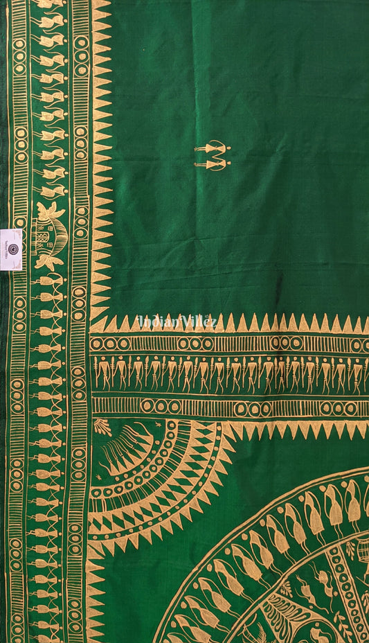 Green Tribal Themed Pattachitra Silk Saree