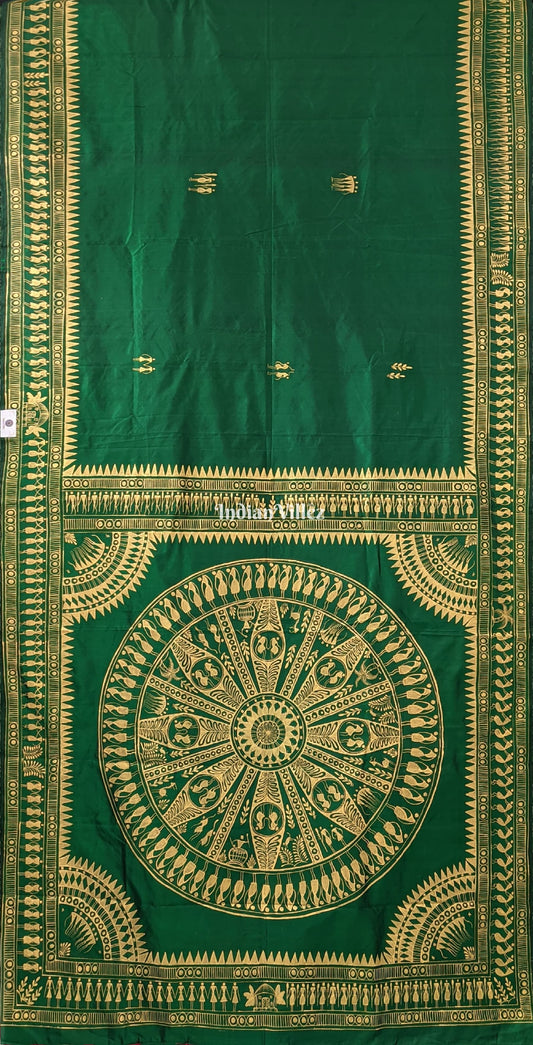 Green Tribal Themed Pattachitra Silk Saree
