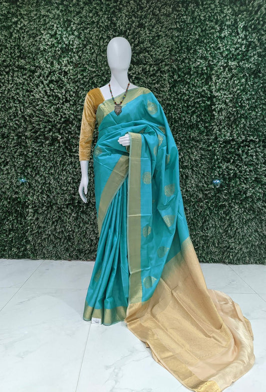 Golden Sea Green Pure Kanjivaram Soft Silk Saree