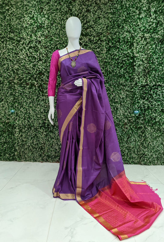 Violet With Pink Pure Kanjivaram Soft Silk Saree