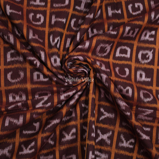 Coffee brown With White English Alphabet Design Sambalpuri Ikat Cotton Fabric