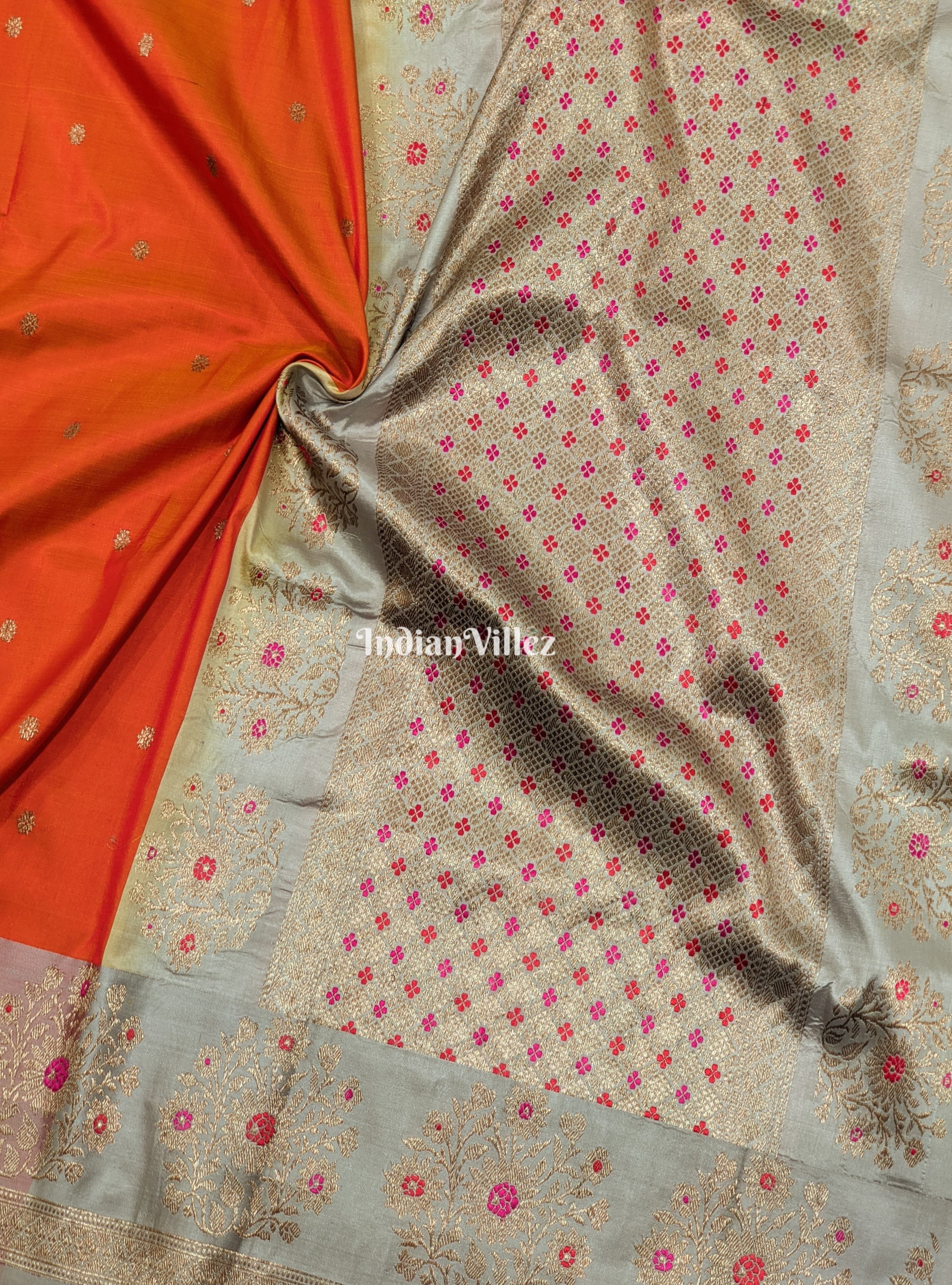 Orange Banarasi Meenakari Katan Silk Saree