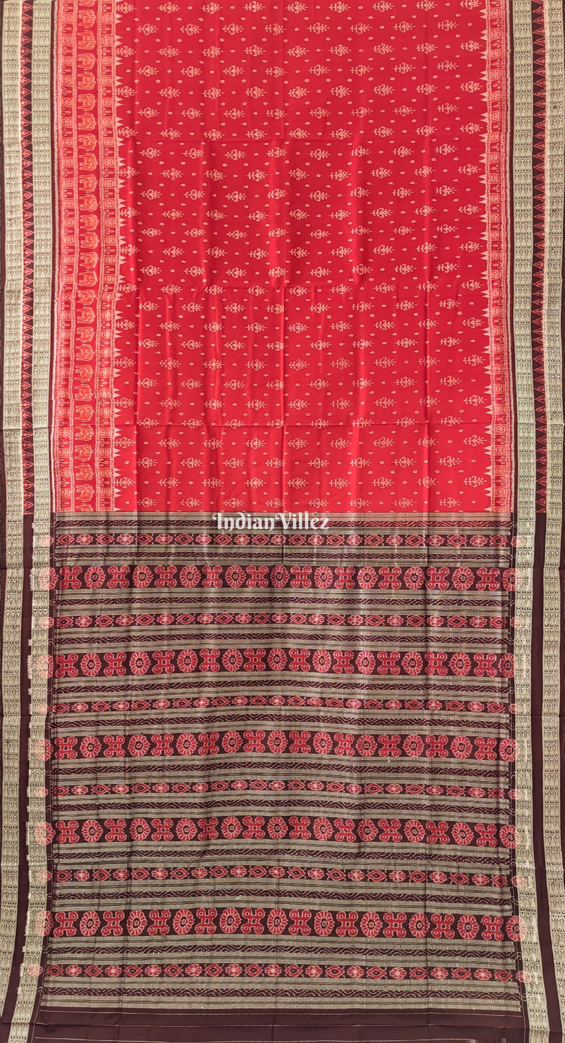 Red Sambalpuri Pure Silk Saree with Habaspuri Border