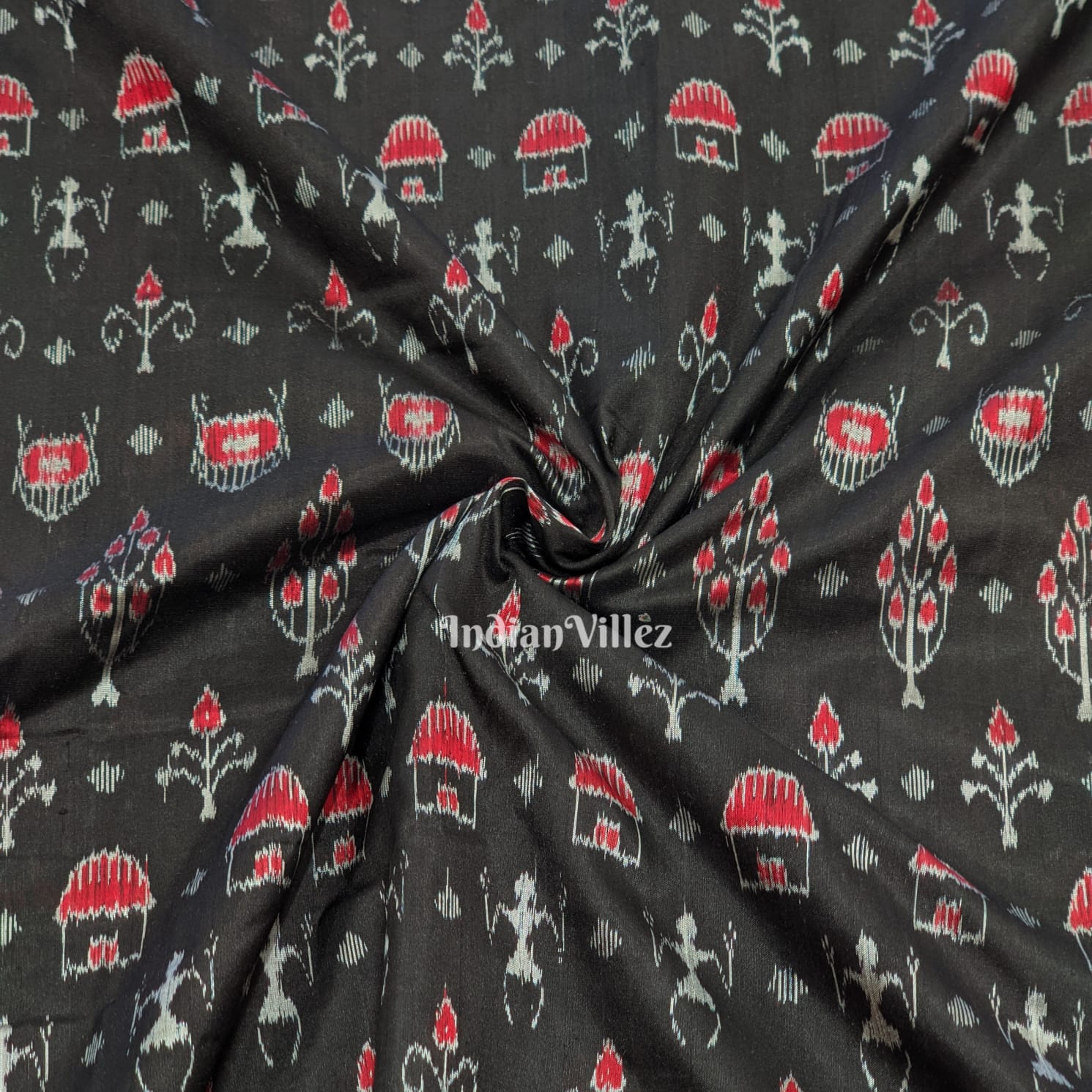 Black Tribal Sambalpuri Ikat Silk Fabric