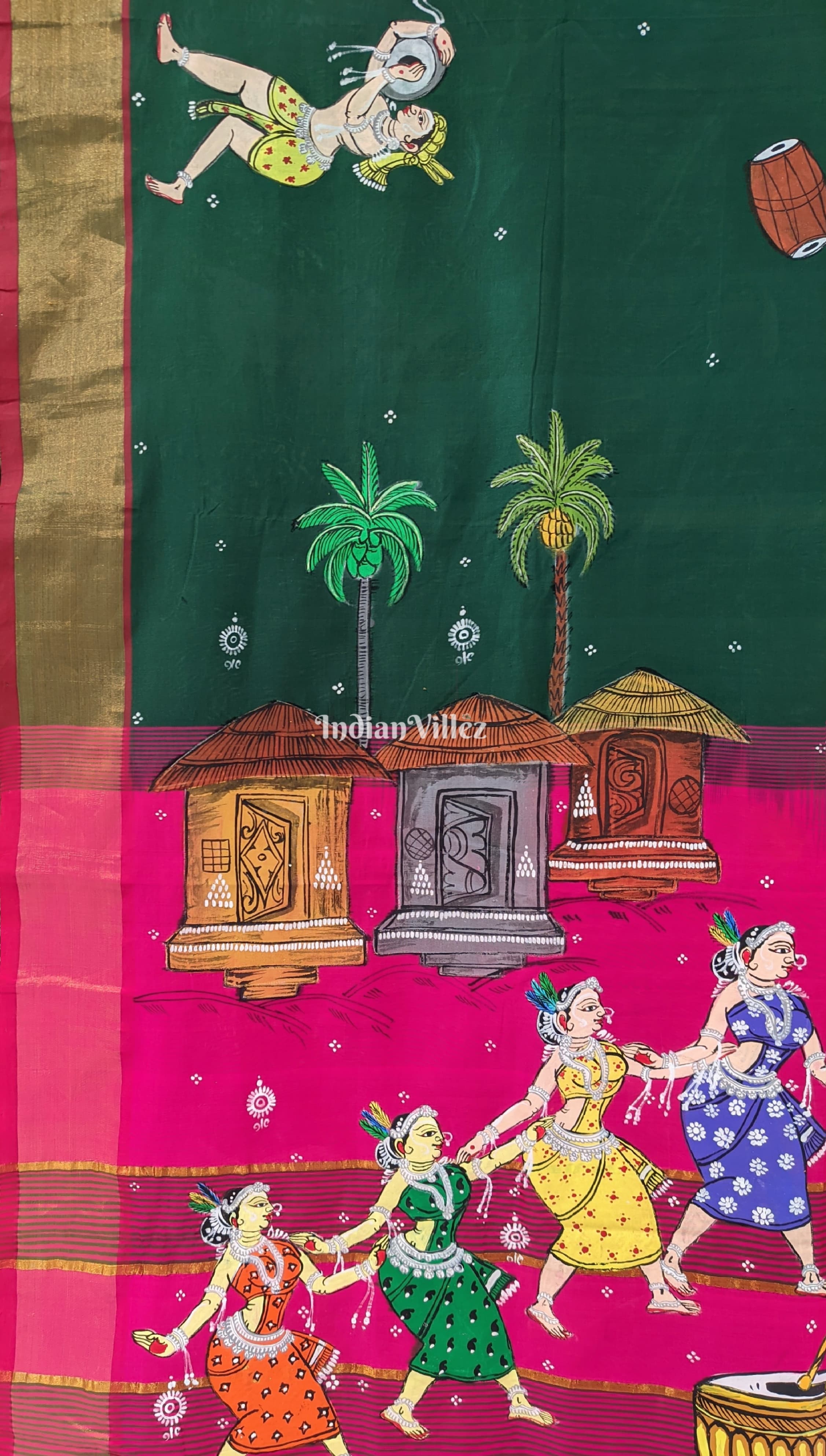 Bottle Green Rani Tribal Dance Art Pattachitra South Silk Saree